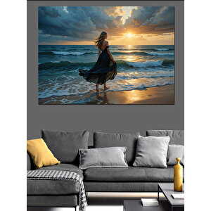 Kumsalda Gün Batımı Kadın Dekoratif Kanvas - Mdf Ahşap Tablo 50x70 cm