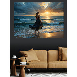 Kumsalda Gün Batımı Kadın Dekoratif Kanvas - Mdf Ahşap Tablo 50x70 cm