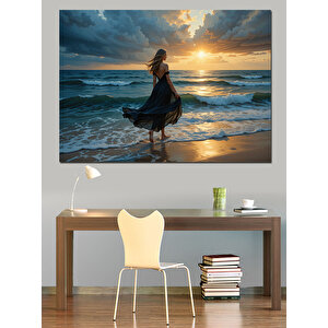 Kumsalda Gün Batımı Kadın Dekoratif Kanvas - Mdf Ahşap Tablo