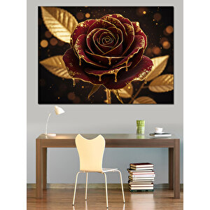 Altın Çizgili Kırmızı Gül Dekoratif Kanvas - Mdf Ahşap Tablo