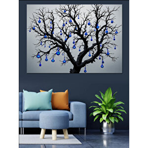 Mavi Meyveli Ağaç Dekoratif Kanvas - Mdf Ahşap Tablo 35x50 cm