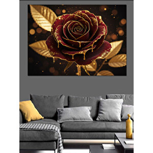 Altın Çizgili Kırmızı Gül Dekoratif Kanvas - Mdf Ahşap Tablo 100x140 cm