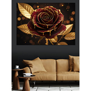 Altın Çizgili Kırmızı Gül Dekoratif Kanvas - Mdf Ahşap Tablo 100x140 cm