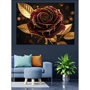 Altın Çizgili Kırmızı Gül Dekoratif Kanvas - Mdf Ahşap Tablo 100x140 cm