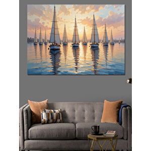 Yelkenlilerle Deniz Gün Batımı Dekoratif Kanvas - Mdf Ahşap Tablo 100x140 cm
