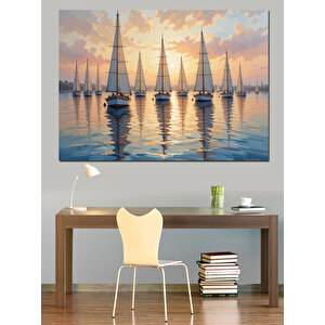 Yelkenlilerle Deniz Gün Batımı Dekoratif Kanvas - Mdf Ahşap Tablo 100x140 cm