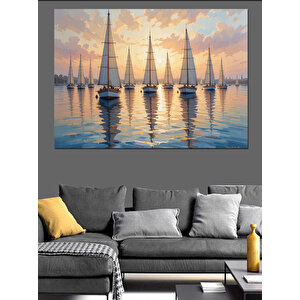Yelkenlilerle Deniz Gün Batımı Dekoratif Kanvas - Mdf Ahşap Tablo 100x140 cm