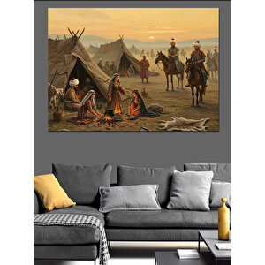 Çadırda Aileyle Gün Batımı Dekoratif Kanvas - Mdf Ahşap Tablo 100x140 cm