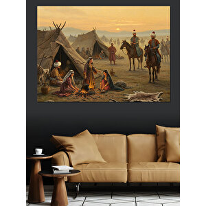 Çadırda Aileyle Gün Batımı Dekoratif Kanvas - Mdf Ahşap Tablo 100x140 cm