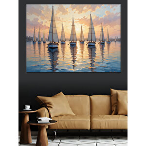 Yelkenlilerle Deniz Gün Batımı Dekoratif Kanvas - Mdf Ahşap Tablo