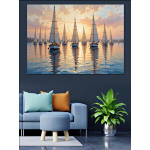 Yelkenlilerle Deniz Gün Batımı Dekoratif Kanvas - Mdf Ahşap Tablo