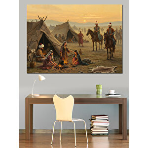 Çadırda Aileyle Gün Batımı Dekoratif Kanvas - Mdf Ahşap Tablo 35x50 cm