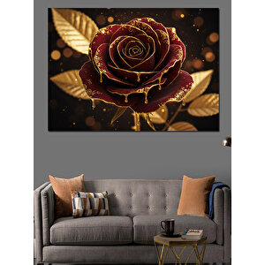 Altın Çizgili Kırmızı Gül Dekoratif Kanvas - Mdf Ahşap Tablo