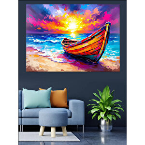 Renkli Gün Batımı Ve Kayık Dekoratif Kanvas - Mdf Ahşap Tablo 35x50 cm