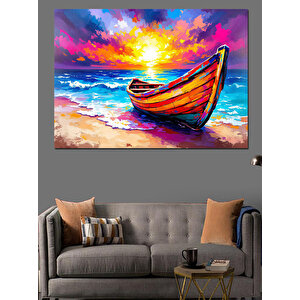 Renkli Gün Batımı Ve Kayık Dekoratif Kanvas - Mdf Ahşap Tablo 35x50 cm