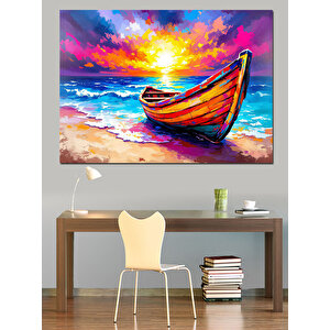 Renkli Gün Batımı Ve Kayık Dekoratif Kanvas - Mdf Ahşap Tablo 35x50 cm