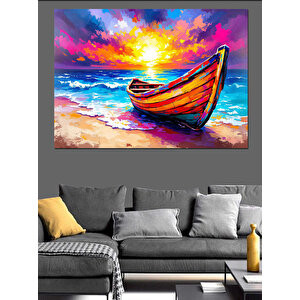 Renkli Gün Batımı Ve Kayık Dekoratif Kanvas - Mdf Ahşap Tablo