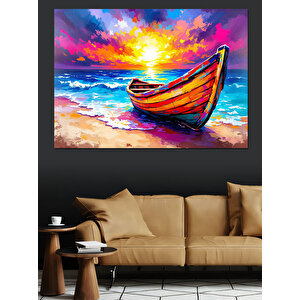 Renkli Gün Batımı Ve Kayık Dekoratif Kanvas - Mdf Ahşap Tablo