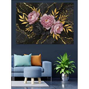 Siyah Altın Gül Deseni Dekoratif Kanvas - Mdf Ahşap Tablo 70x100 cm