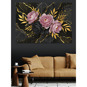 Siyah Altın Gül Deseni Dekoratif Kanvas - Mdf Ahşap Tablo 50x70 cm