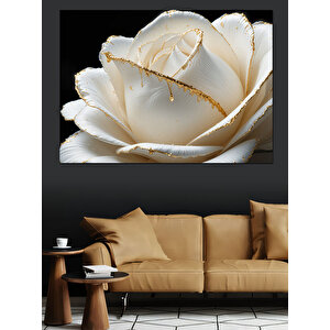 Altın Kenarlı Beyaz Gül Dekoratif Kanvas - Mdf Ahşap Tablo 100x140 cm