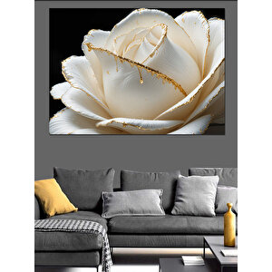 Altın Kenarlı Beyaz Gül Dekoratif Kanvas - Mdf Ahşap Tablo 70x100 cm