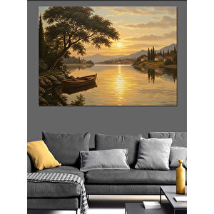 Sakin Göl Gün Batımı Dekoratif Kanvas - Mdf Ahşap Tablo 35x50 cm