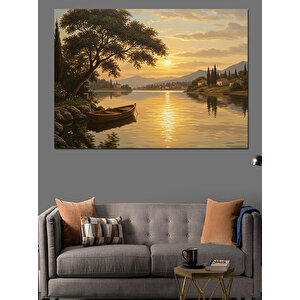 Sakin Göl Gün Batımı Dekoratif Kanvas - Mdf Ahşap Tablo