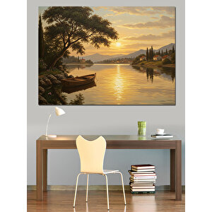 Sakin Göl Gün Batımı Dekoratif Kanvas - Mdf Ahşap Tablo
