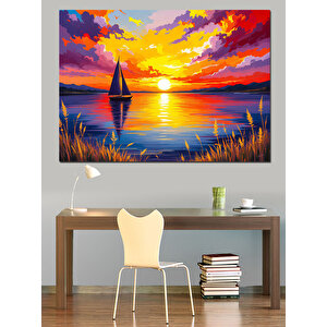 Gün Batımında Yelkenli Dekoratif Kanvas - Mdf Ahşap Tablo