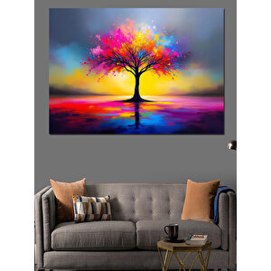 Gökkuşağı Renkli Ağaç Dekoratif Kanvas - Mdf Ahşap Tablo 70x100 cm