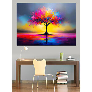 Gökkuşağı Renkli Ağaç Dekoratif Kanvas - Mdf Ahşap Tablo 70x100 cm