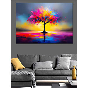 Gökkuşağı Renkli Ağaç Dekoratif Kanvas - Mdf Ahşap Tablo 70x100 cm