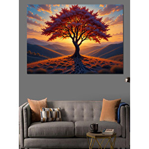 Gün Batımında Kırmızı Ağaç Dekoratif Kanvas - Mdf Ahşap Tablo