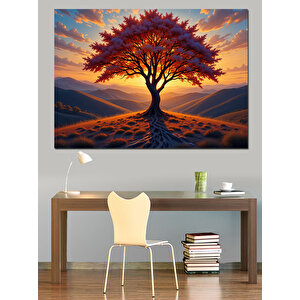 Gün Batımında Kırmızı Ağaç Dekoratif Kanvas - Mdf Ahşap Tablo