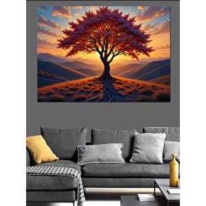 Gün Batımında Kırmızı Ağaç Dekoratif Kanvas - Mdf Ahşap Tablo 70x100 cm