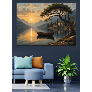 Sakin Göl Kıyısı Manzarası Dekoratif Kanvas - Mdf Ahşap Tablo 50x70 cm