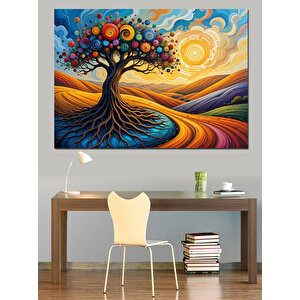 Renkli Ağaç Tasarımı Dekoratif Kanvas - Mdf Ahşap Tablo 35x50 cm