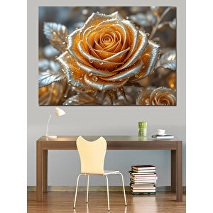 Kristal Işıltılı Altın Gül Dekoratif Kanvas - Mdf Ahşap Tablo 100x140 cm