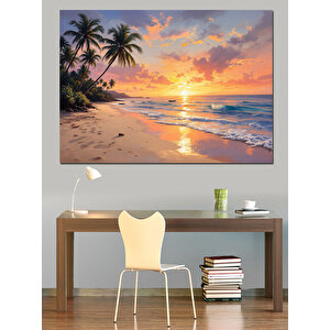 Gün Batımında Palmiye Plajı Dekoratif Kanvas - Mdf Ahşap Tablo 70x100 cm