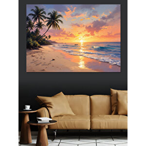 Gün Batımında Palmiye Plajı Dekoratif Kanvas - Mdf Ahşap Tablo 25x35 cm