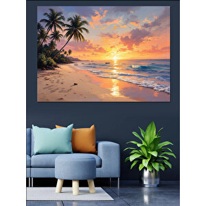 Gün Batımında Palmiye Plajı Dekoratif Kanvas - Mdf Ahşap Tablo
