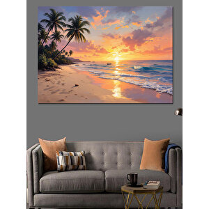Gün Batımında Palmiye Plajı Dekoratif Kanvas - Mdf Ahşap Tablo
