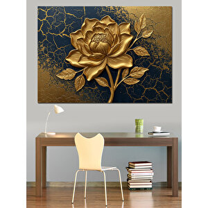 Altın Kabartmalı Tek Gül Dekoratif Kanvas - Mdf Ahşap Tablo 70x100 cm