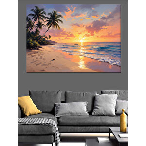 Gün Batımında Palmiye Plajı Dekoratif Kanvas - Mdf Ahşap Tablo 50x70 cm