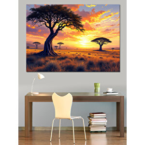 Afrika’da Gün Batımı Manzarası Dekoratif Kanvas - Mdf Ahşap Tablo 25x35 cm