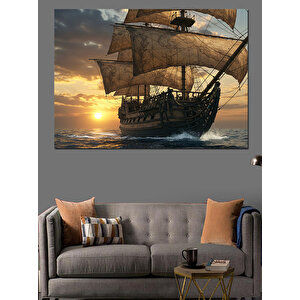 Gün Batımında Eski Yelkenli Dekoratif Kanvas - Mdf Ahşap Tablo