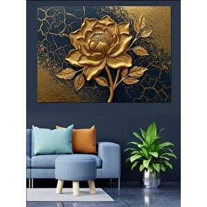 Altın Kabartmalı Tek Gül Dekoratif Kanvas - Mdf Ahşap Tablo