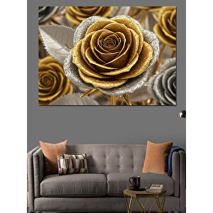 Altın Işıltılı Gül Deseni Dekoratif Kanvas - Mdf Ahşap Tablo 35x50 cm