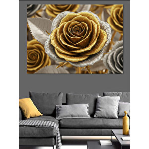 Altın Işıltılı Gül Deseni Dekoratif Kanvas - Mdf Ahşap Tablo